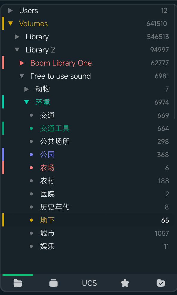 Soundury 目录树界面，用颜色标记素材库、环境、公园、农场和地下等分类