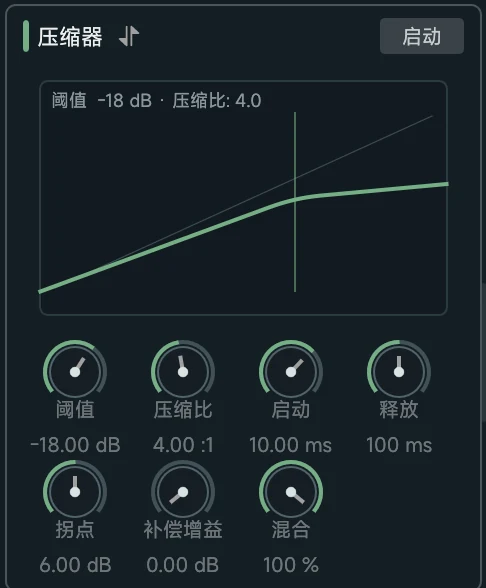 Soundury 内置压缩器，可调节阈值、压缩比、启动、释放和混合