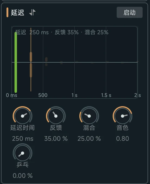 Soundury 内置延迟效果器，可调节延迟时间、反馈、混合和音色