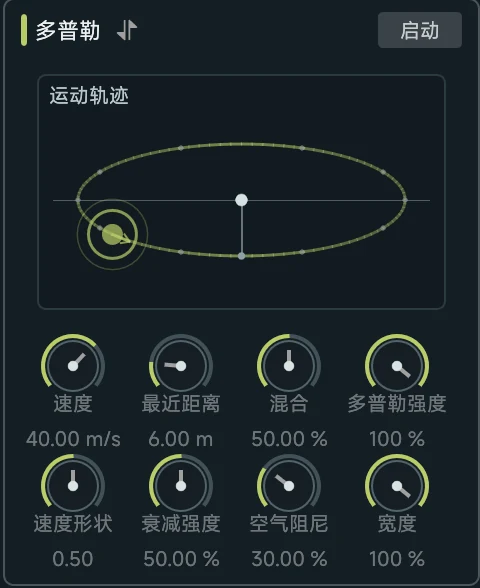 Soundury 内置多普勒效果器，可调节运动轨迹、速度和空气阻尼