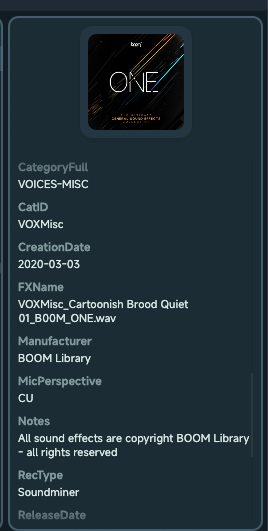 Soundury 素材详情面板，显示分类、文件名、制造商、备注和录音类型等信息