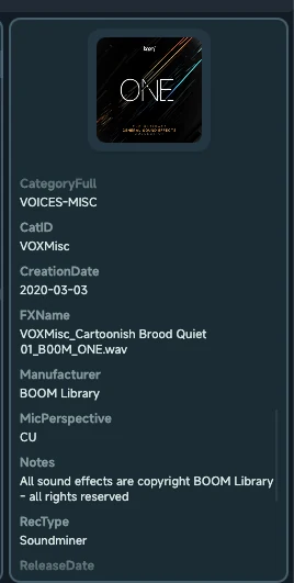 Soundury 素材详情面板，显示分类、文件名、制造商、备注和录音类型等信息