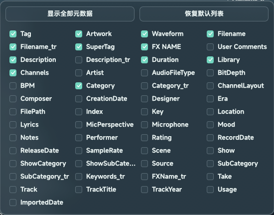 Soundury 元数据字段选择界面，展示 Tag、Artwork、Waveform、Filename、Description 等字段