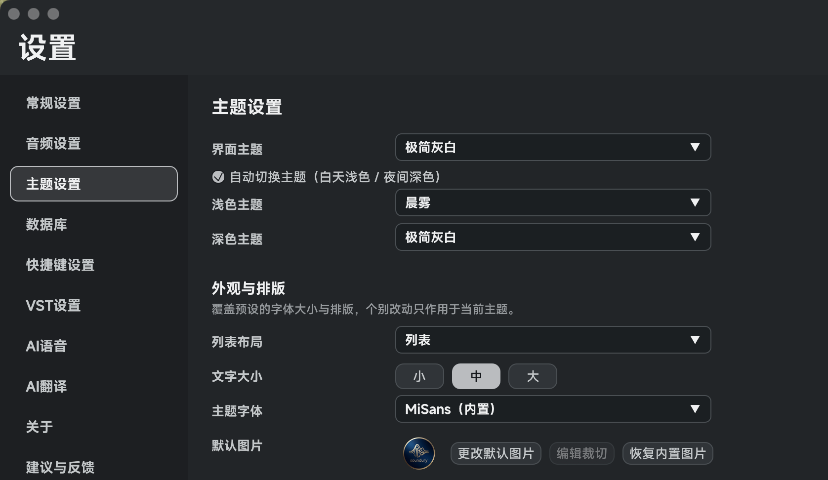 Soundury 主题设置界面，包含自动切换主题、浅色主题和深色主题选项