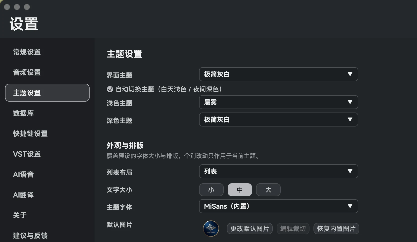Soundury 主题设置界面，包含自动切换主题、浅色主题和深色主题选项